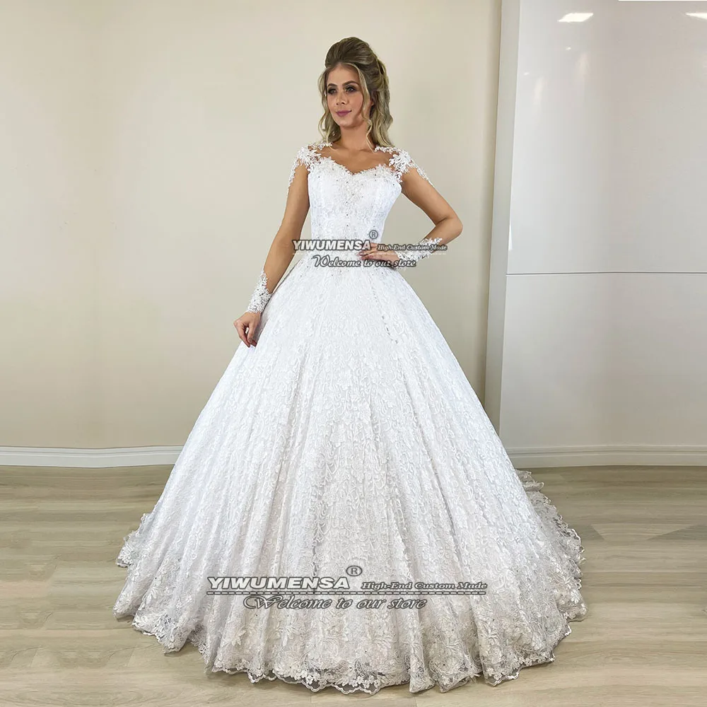 Women Marriage Wedding Dresses Skin Tulle Full Sleeves Exquisite Lace O Neck Bridal Gowns A Line Sweep Train Bride Dress 2022