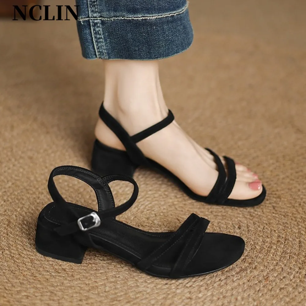 

Square Toe Peep Toe Women's Sandals Fashion Suede Leather Chunky High Heels Summer Strap Brown Black Party Shoes Size 34-42