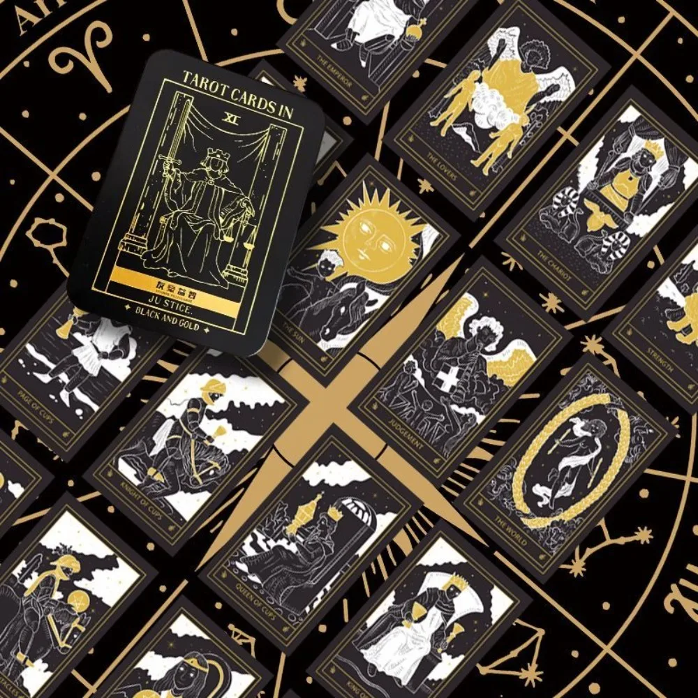 Mystic Noir Elegantes Schwarz-Gold Tarot-Deck, Komplettes 78-Karten-Set in Metalldose, 10*6cm Reisegröße für Weisheit und Führung