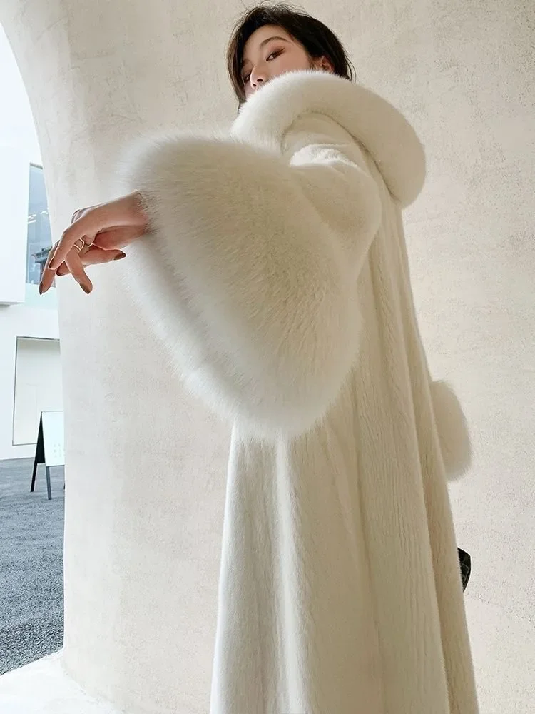 2024 Faux Fur Coat Long Women Jacket Winter Coats Wool Blends Fox Fur Collar Cuff Belt Slim Fluffy Jacket Chic Autumn Outerwear