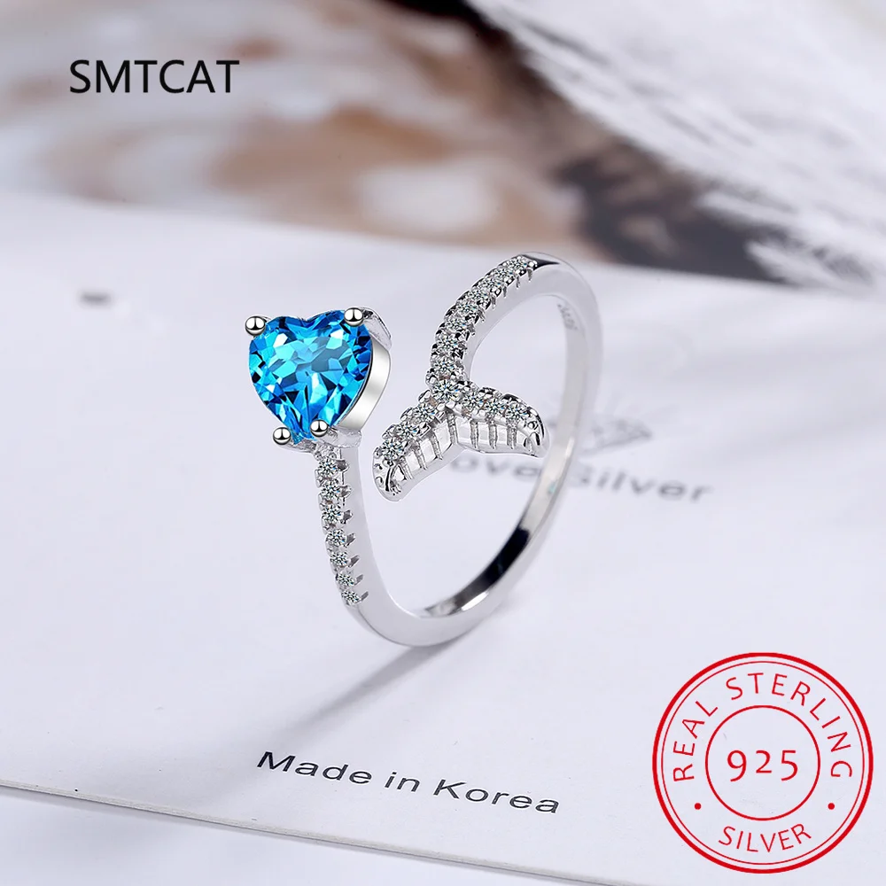 Heart Natural Sky Blue Topaz 925 Sterling Silver Mermaid Tail Ring for Women Solitaire Gemstone Fine Jewelry Anniversary Gift