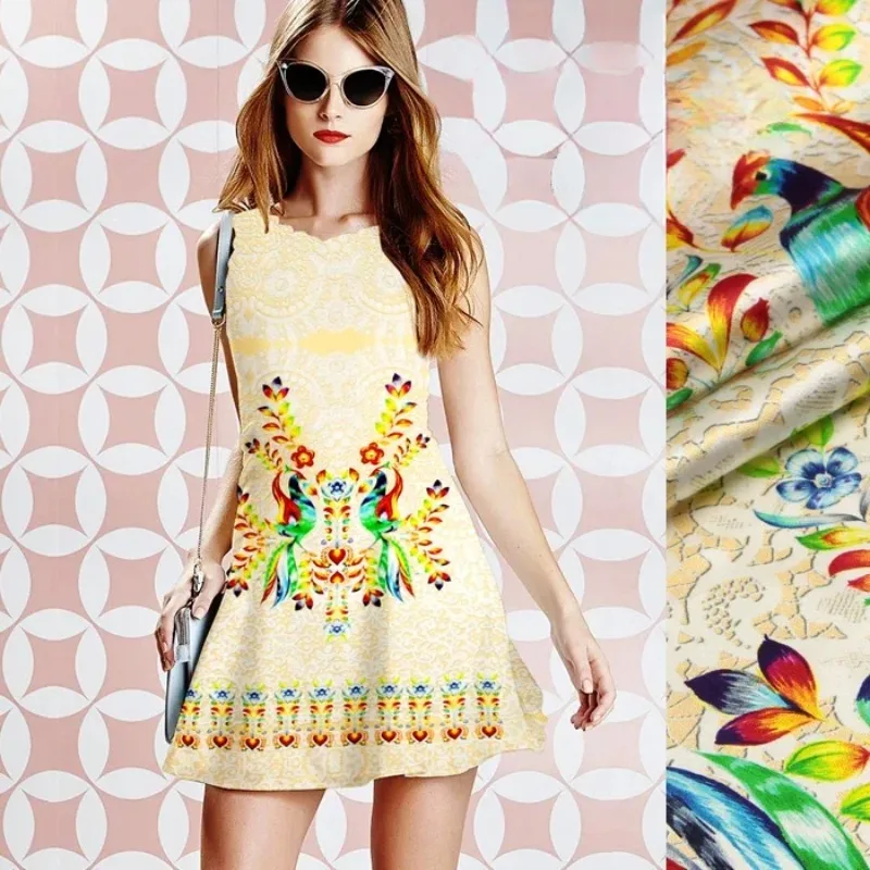 

118*110 см, 19 мм, 93% шелк и 7% спандекс, зеленый принт Феникса, желтая шелковая атласная ткань для шитья своими руками, платье, рубашка, одежда R1688