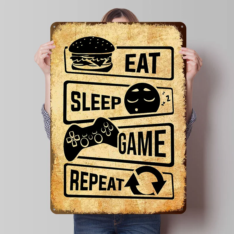 Eat Sleep Game Repeat Metal Poster Custom Wall Art Retro Vintage Tinplate Signs for Man Cave Apartment Decoration Room Wand Deko