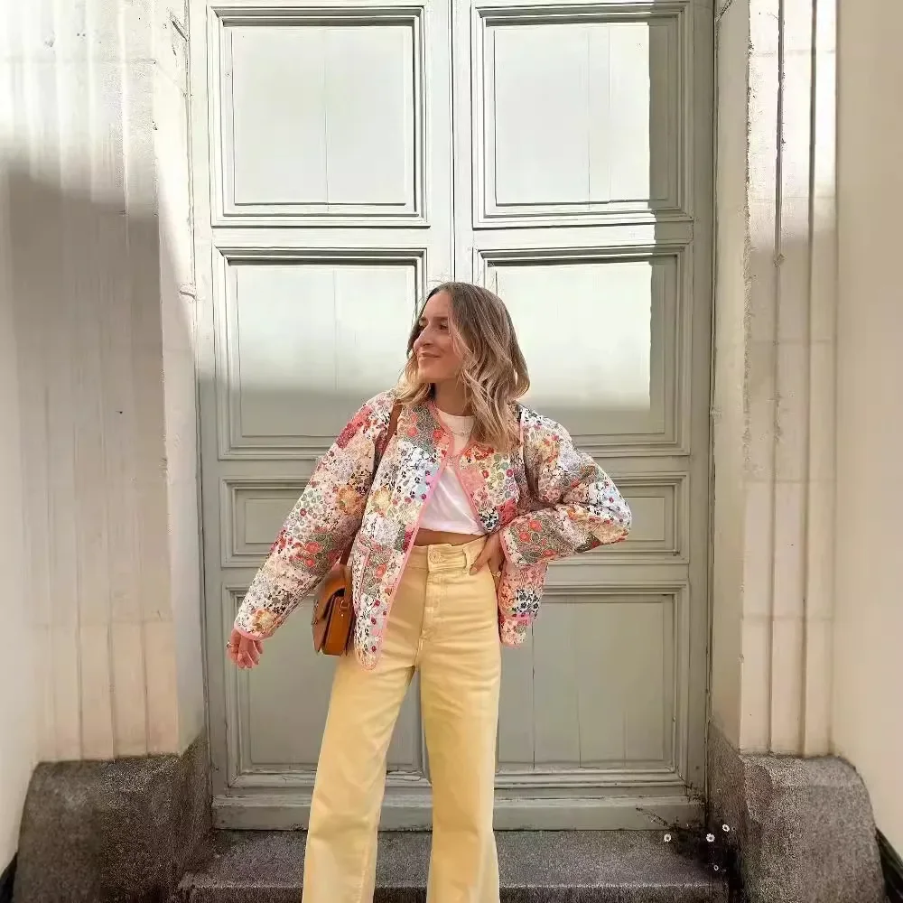 New Fashion Color Blocking Cotton Jacket For Women Loose Fit With Floral Print European And American Style Crossbody Warm Jacket
