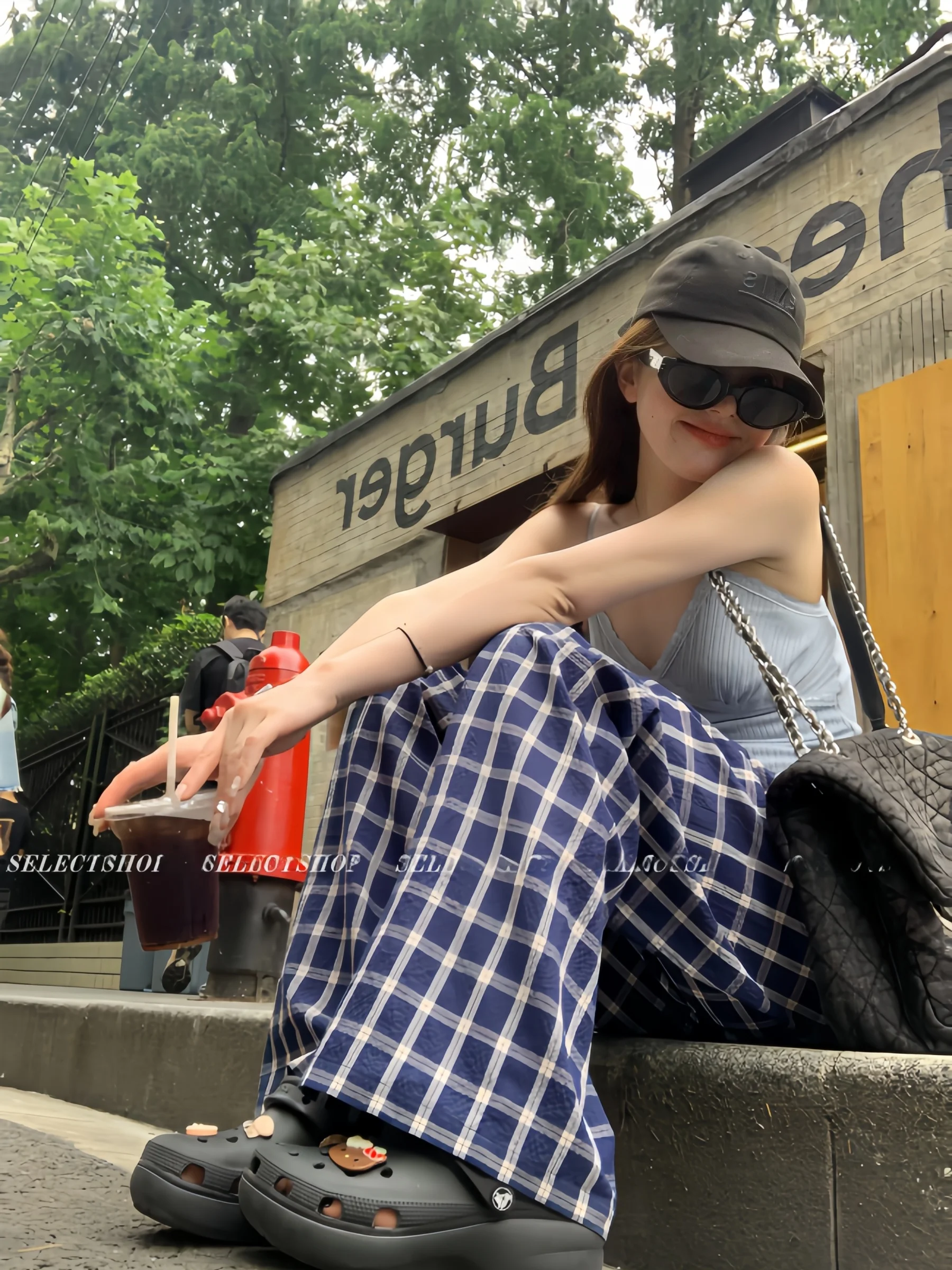 Blue Plaid Wide Leg Casual Pants High Waist Cotton Blend Spring Autumn Women's Loose Fit Trousers Casual Style Asymmetric