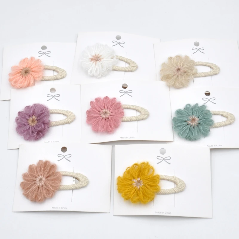 16Pcs/Lot  Wool Yarn Flower Snap Hair Clips Baby Girl Fringe Clip Princess Barrette Toddler Hair Accessory