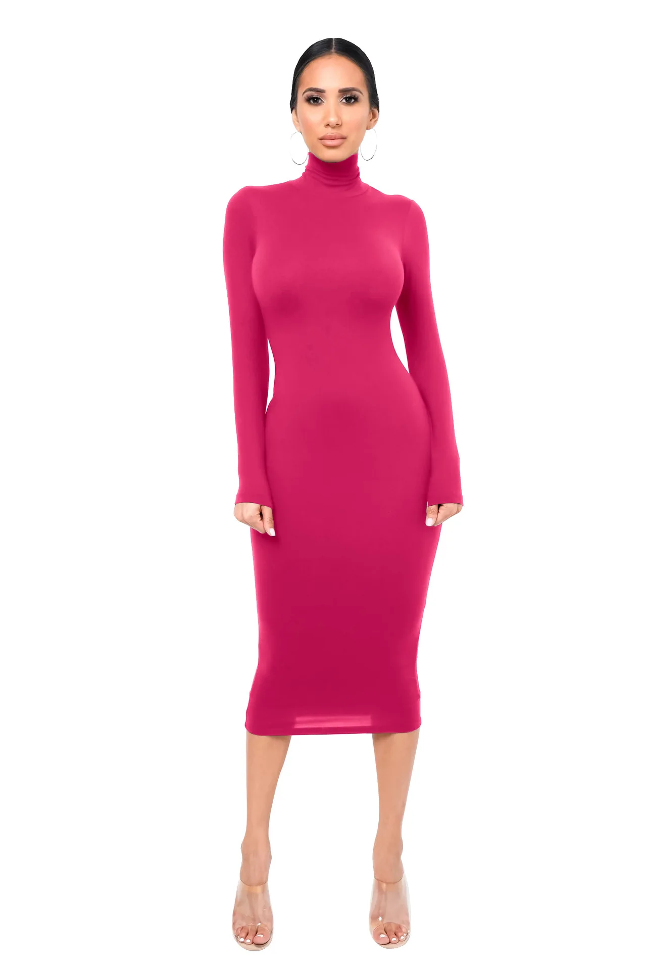 

Sexy Turtleneck Dress Thickened Slim Dress Autumn Winter Long Sleeve Skinny Midi Boydcon Casual Blue Plush Knee-Length Party