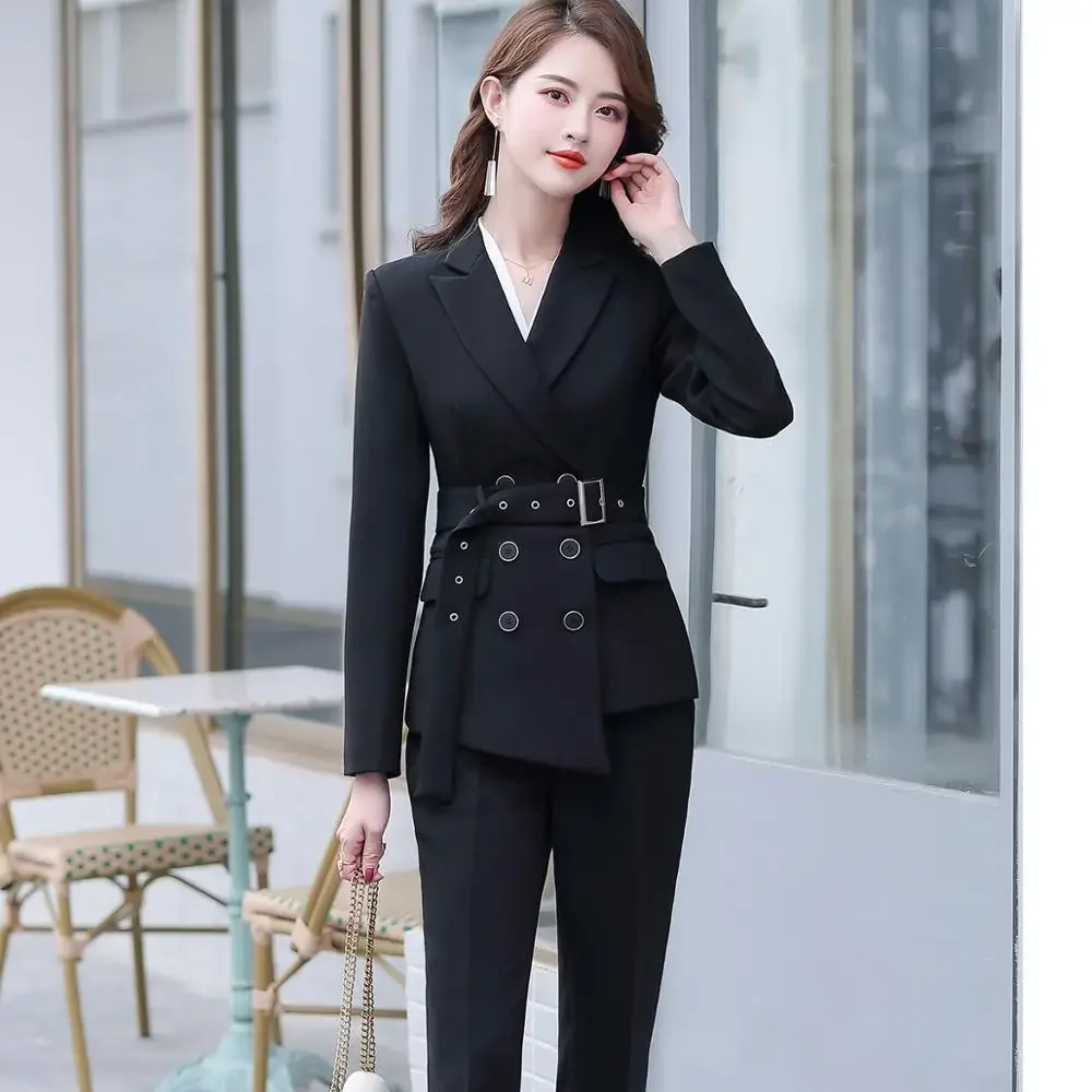 

Women Elegant Pant Suit Red White Black With Belt Two Pieces Set Fashion Double Breasted Blazer With Trouser For Winter