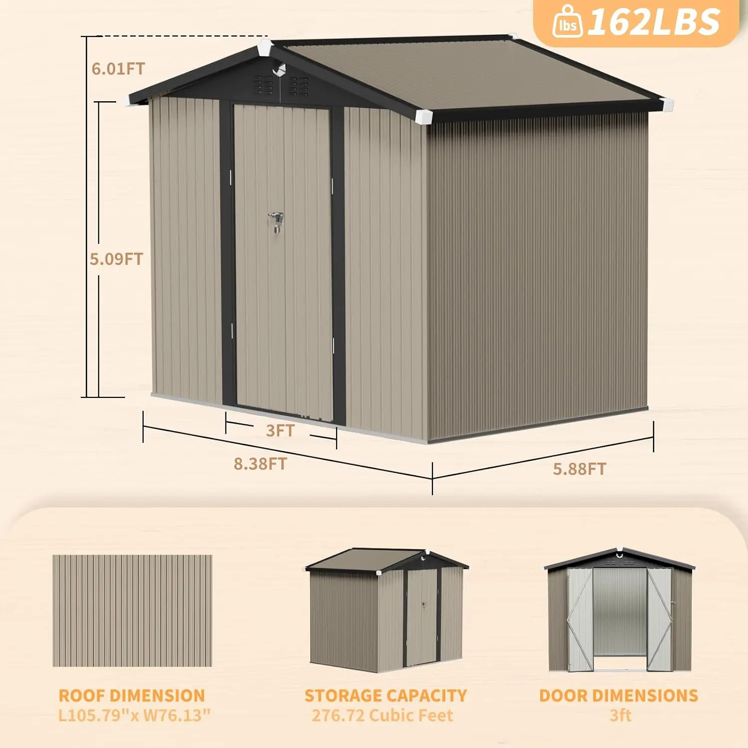 8x6 Ft Outdoor Metal Tool Shed Waterproof Lockable Door Large Outside Storage Building