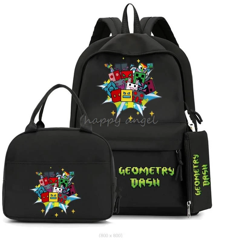 New Geometry Dash Backpack 3Pcs Set Funny Cartoon Game School Bags Girls Boys Primary School Bookbag With Lunch Bag Pen Bag Gift