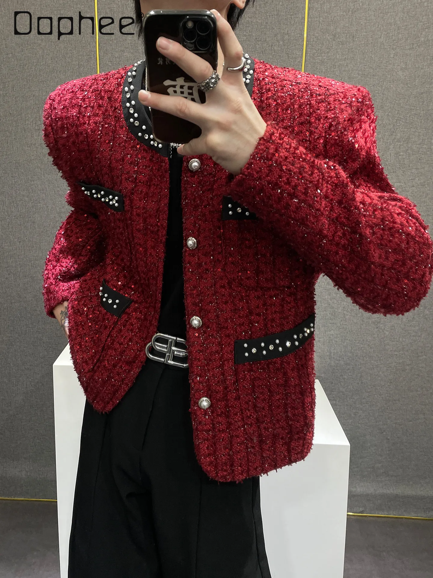 

High-End Red Beaded Pearl Rhinestone Patchwork Jacket for Men 2026 Spring New Cool Luxury Round Neck Short Tweed Mens Jacket