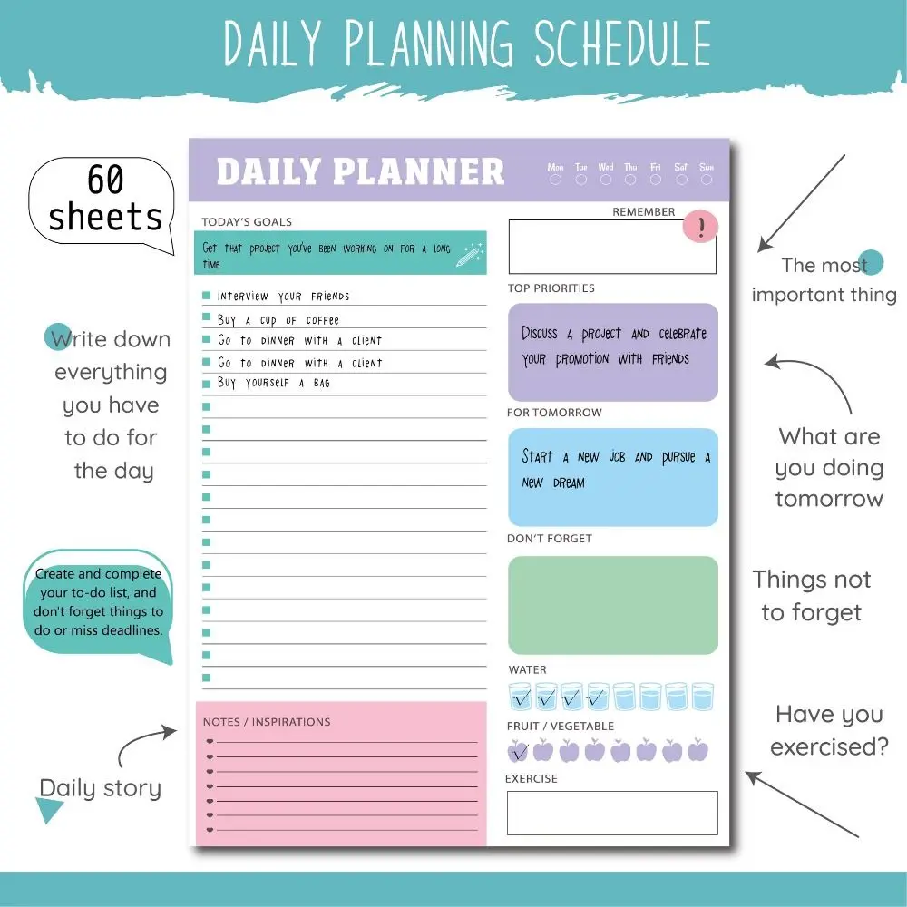 

60 Sheets To Do List Notepad Easy Tear-off Weekly Planner Schedules Journal Memo Time Schedule Time Management Notebook Agenda