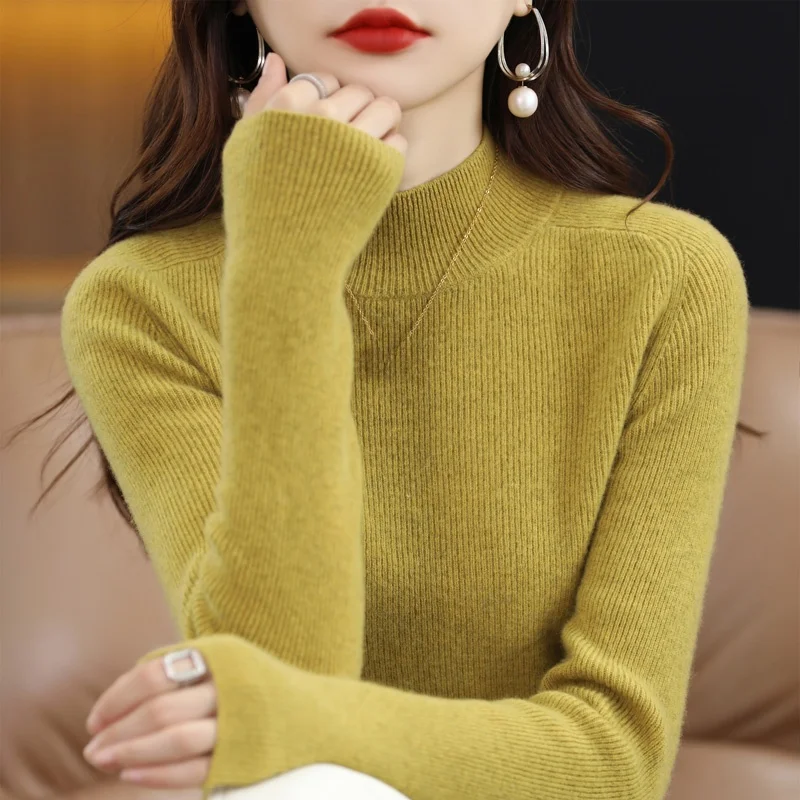 

Loose Long Sve Women's Knitted Wool Sweater f High Collar Base Layer Autumn Winter New Sle Pure Color Versatile Sweater