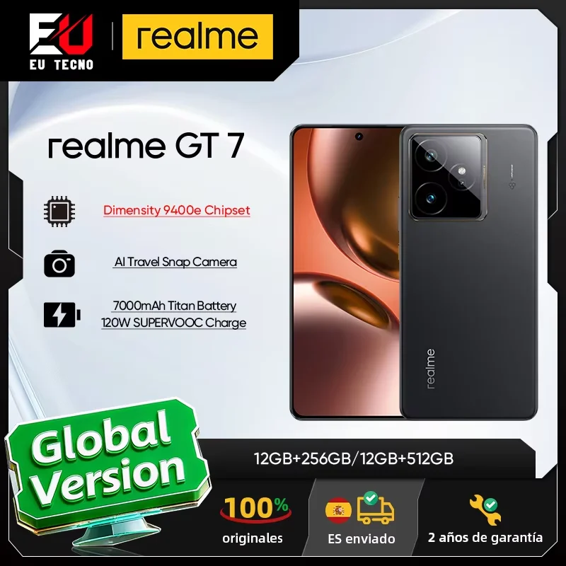 Versión UE del smartphone realme GT 7 5G con chipset Mediatek Dimensity 9400e, pantalla AMOLED de 6,78 pulgadas, batería de 7000 mAh y carga rápida de 120 W.