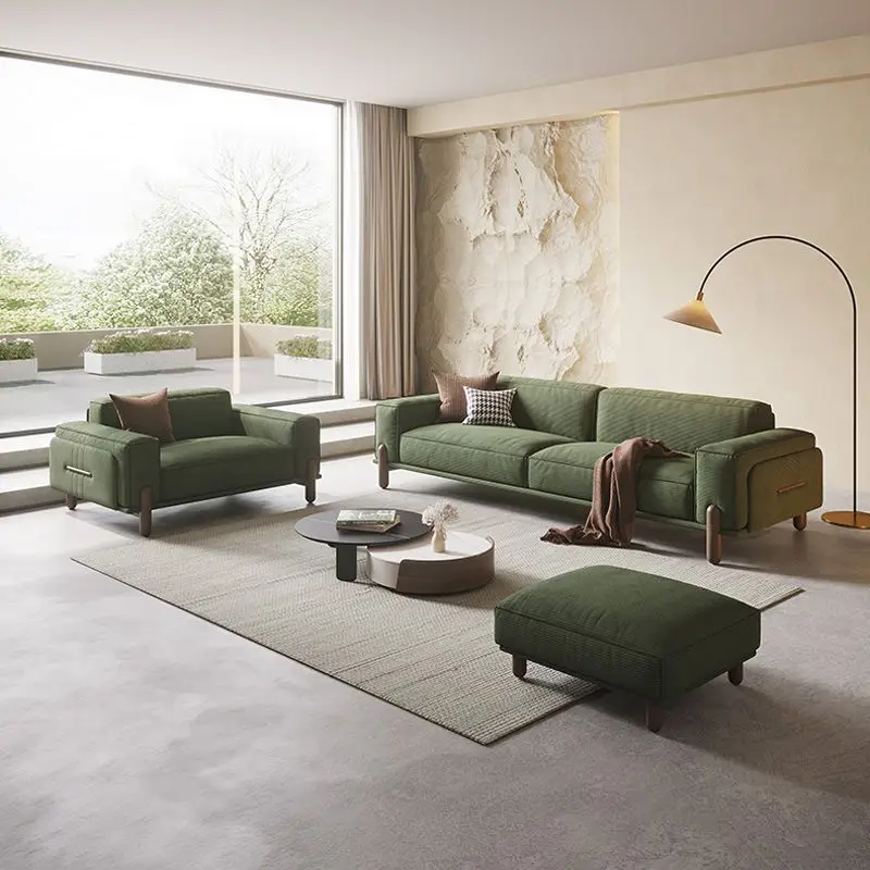 Flannel tofu cubes straight row three-person Italian minimalist solid wood corduroy fabric sofa