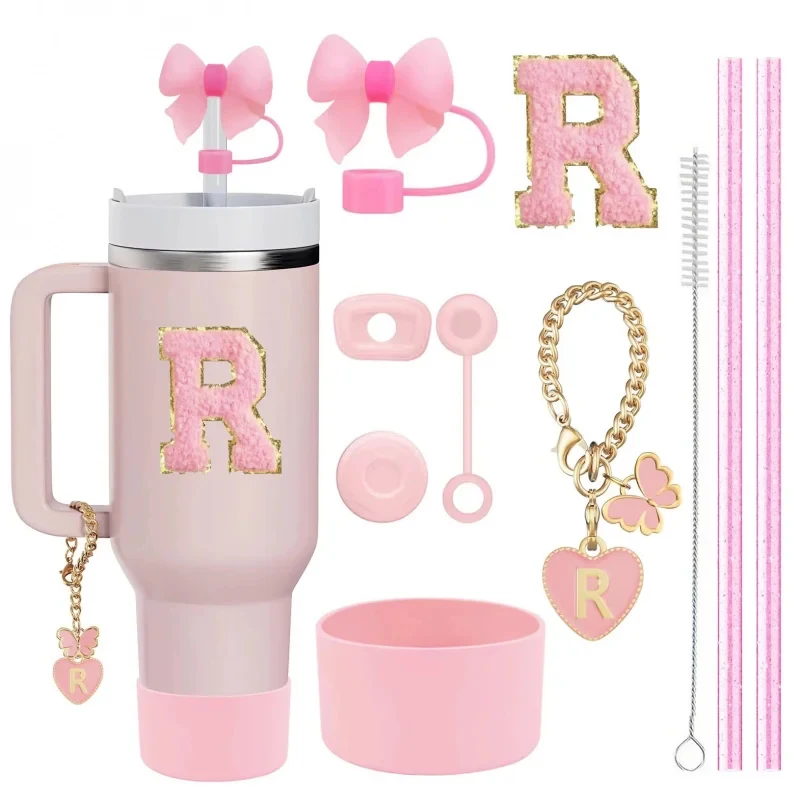 

10PCS Accessories Set for Stanley Cup Pink 30oz 40oz tumbler Silicone Straw Topper Cover Cap Boot Handle Charm Initials Sticker