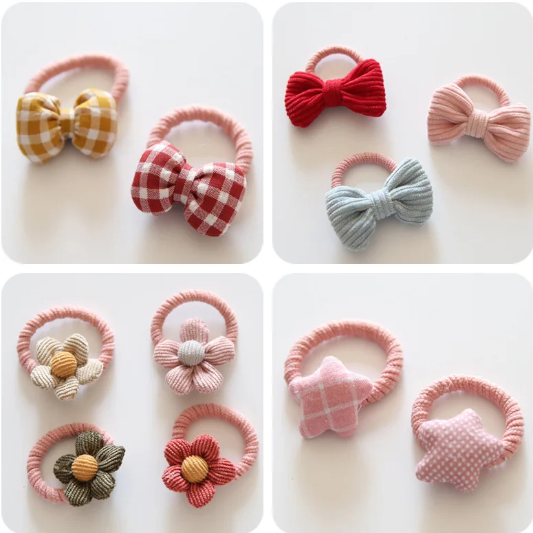 Kids Hair Bows Set 1PC Floral Beige Pink Fabric Elastic Ties No Tangle Hair Accessories for Toddler Girls