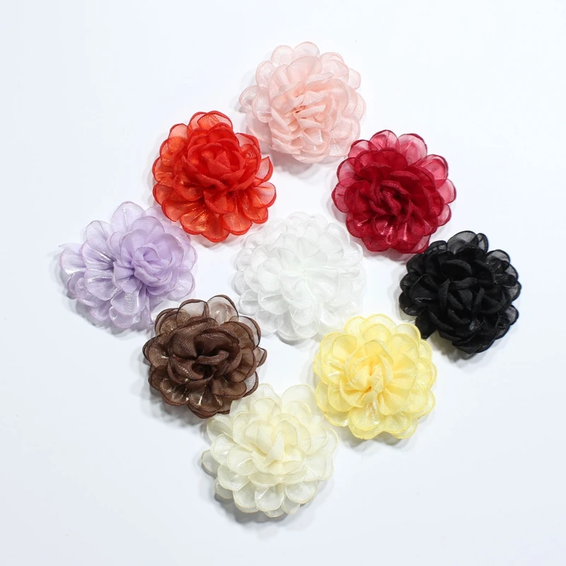 10PCS Handmade Artificial Satin Burnt Multi Layer Flower Clothing Sewing Wedding Hair Clip Headwear DIY Accessories