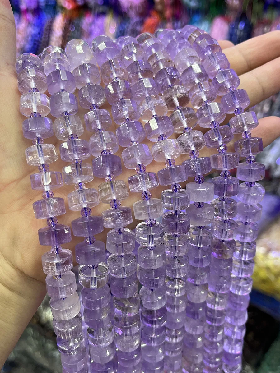 Natural Amethyst Cylindrical Section Beads Round cake Stone Loose Spacer For Jewelry Making DIY Necklace Bracelet 15'' 7x12mm