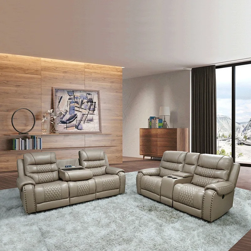 Mid-Century Modern Home Theater Electric Sofa Multifunctional Genuine Leather Visual Private Space With Storage Cup Holders