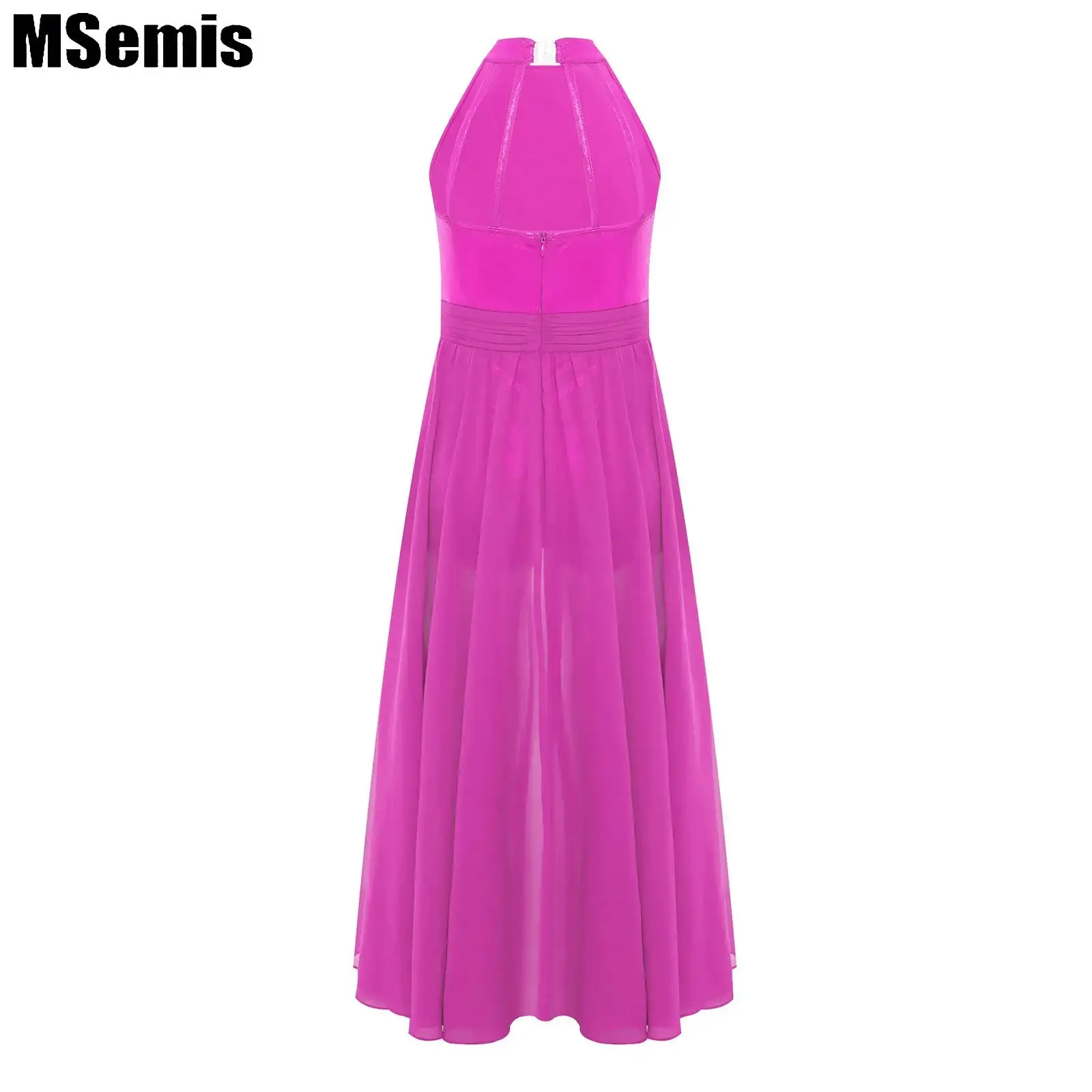 

Girls Lyrical Dance Dress Modern Contemporary Ballroom Dancewear Sleeveless Metallic Bodice Split Chiffon Ballet Skating Dresses