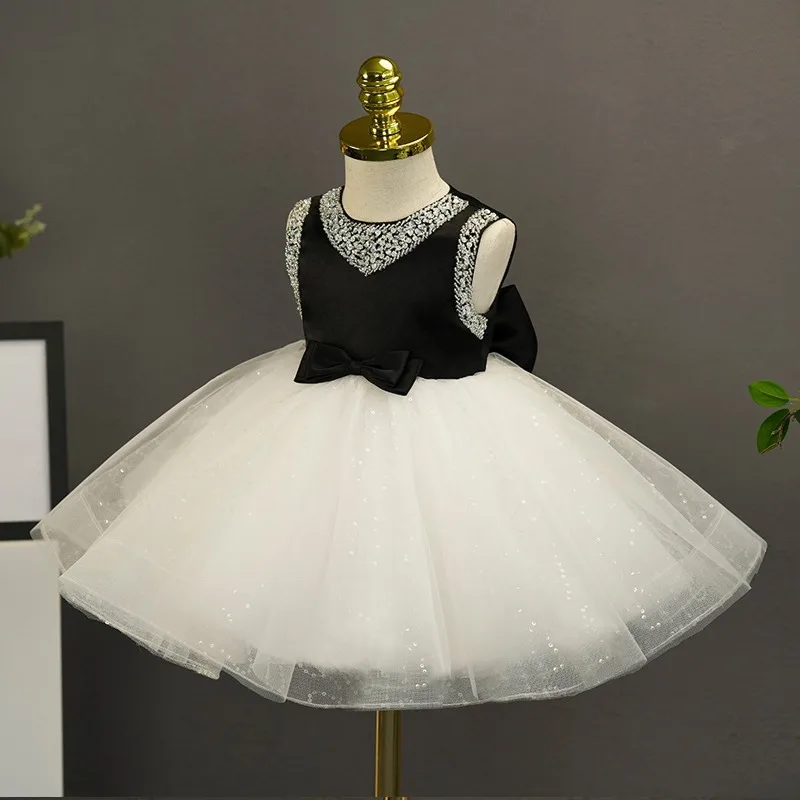 Vestido de Organza escalonado para niña, vestido blanco y negro de flores para fiesta de boda, vestido de princesa de primer cumpleaños para niñas de 1 a 14 años