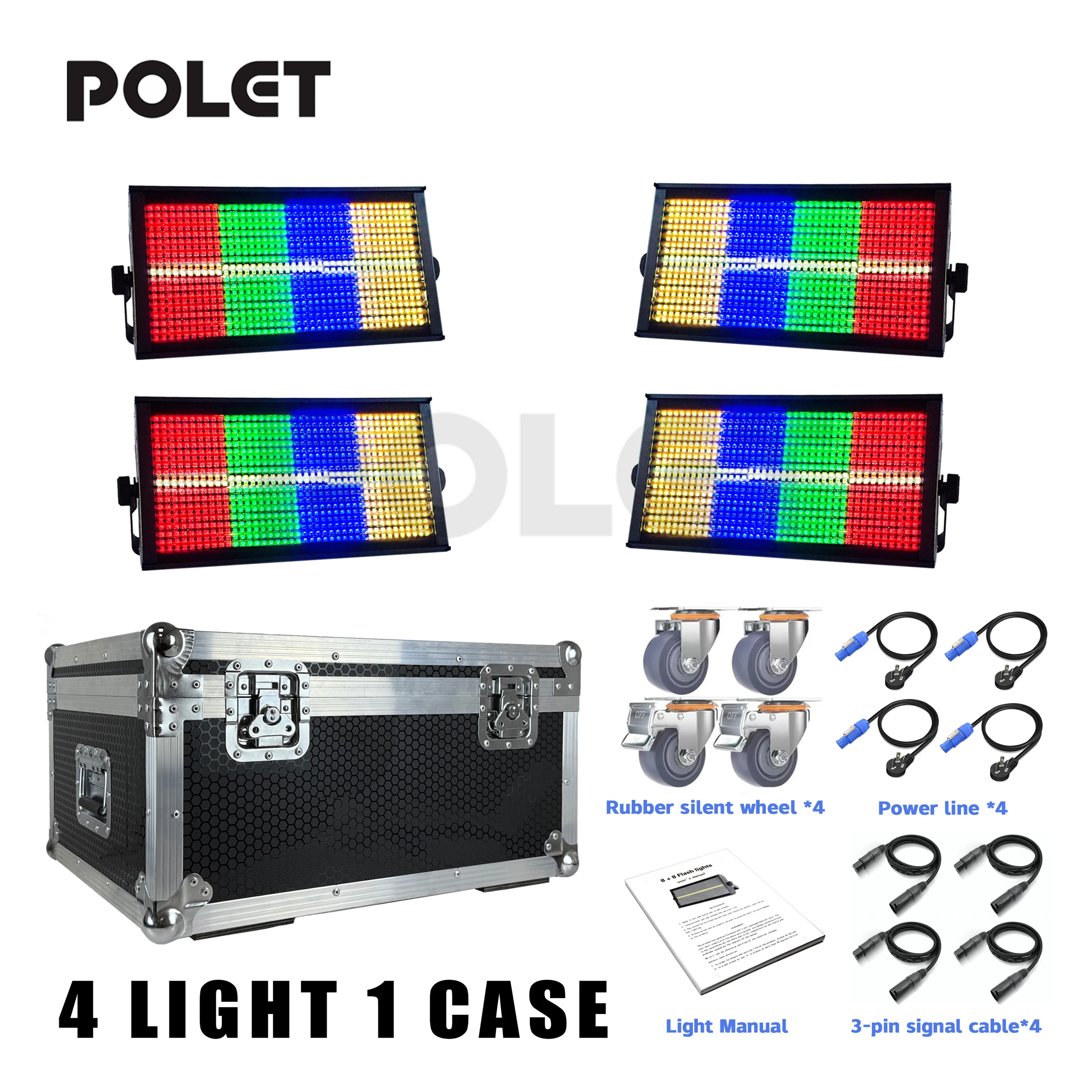 POLET 4 Light1case 200W LEDRGBW 4in1 8+8 Partition Strobe Light White 8000K DMX512 Super Bright DJ Wash Wedding Stage Lighting