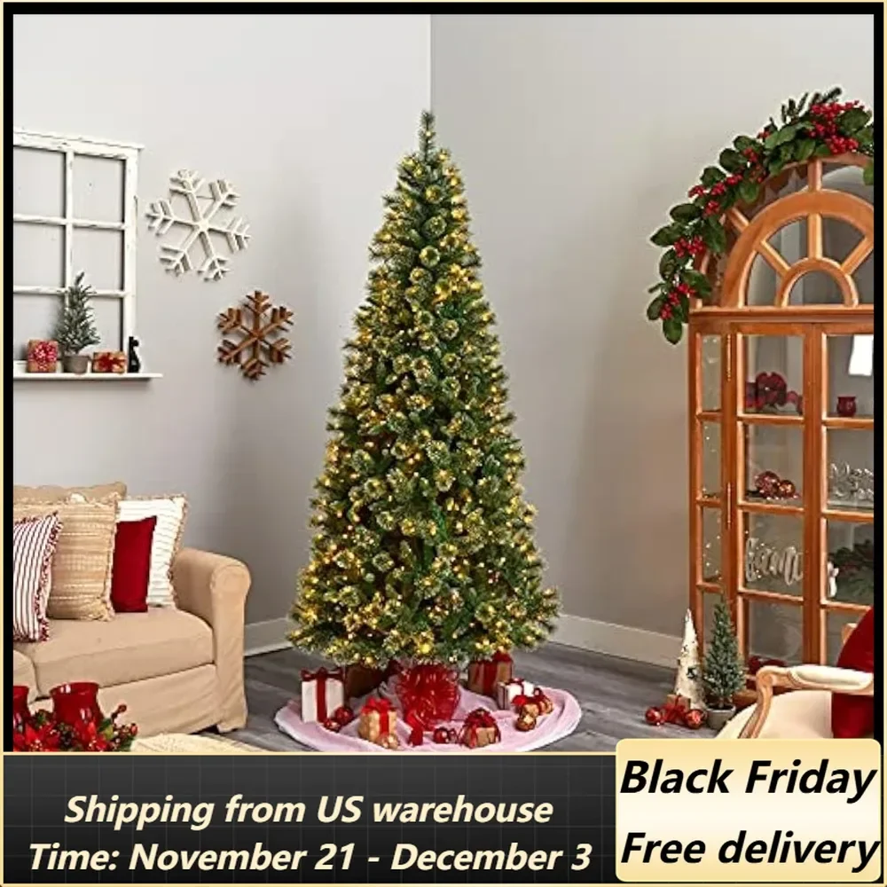 8ft. Wisconsin Slim Snow Tip Pine Artificial Christmas Tree with 600 Clear LED Lights and 908 Bendable Branches