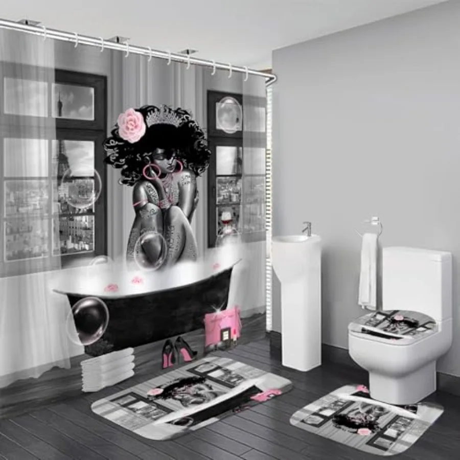 

4Pcs African American Shower Curtain Sets with Rugs Black Girl Shower Curtain for Bathroom Decor Sets with Paris Eiffel Tower A