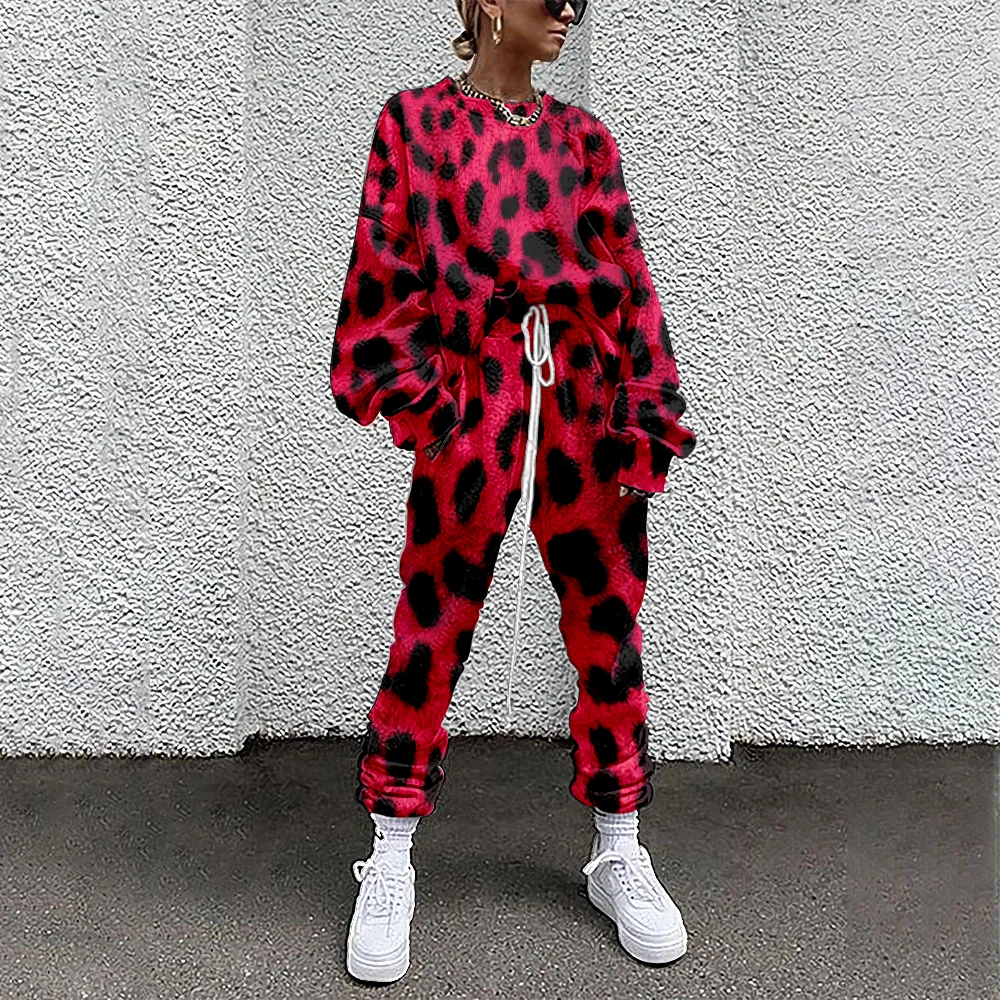 

SOJINM Women Tracksuit Leopard Spotted Print 2 Piece Outfit Sweatshirt+Straight Sweatpants Matching Fitness Sporty 4XL