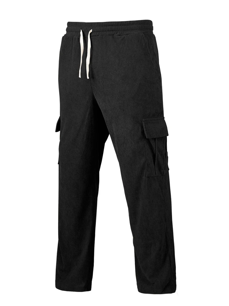 Herren Cord-Cargohose mit Elastischem Bund und Kordelzug, Lässige Hose mit Seitentaschen, Gerades Bein für Frühling und Herbst – Detail 31