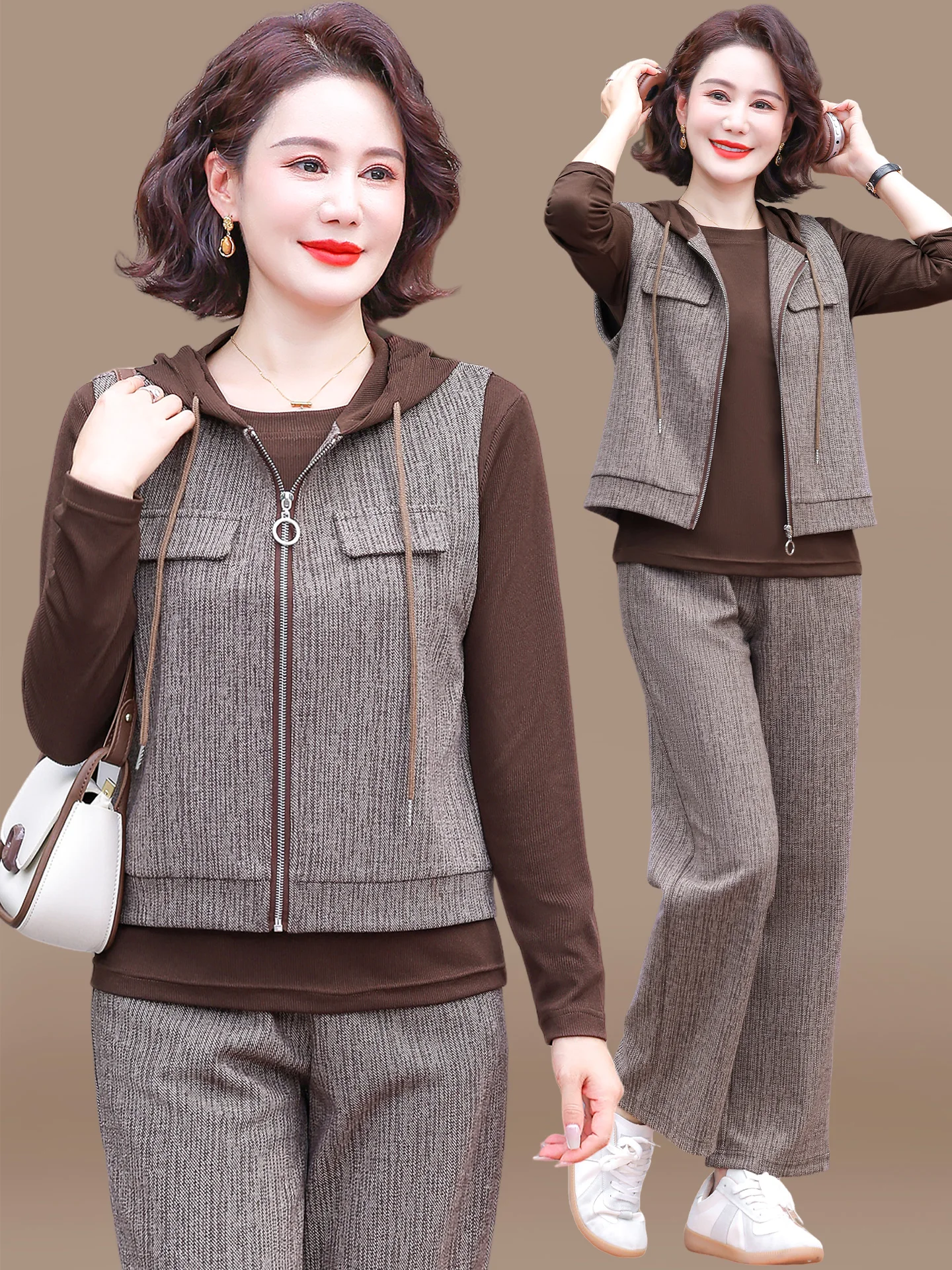 

Модный осенний комплект для мам: повседневный жилет с капюшоном и куртка-футболка для женщин среднего и старшего возраста, весенне-осенняя одежда