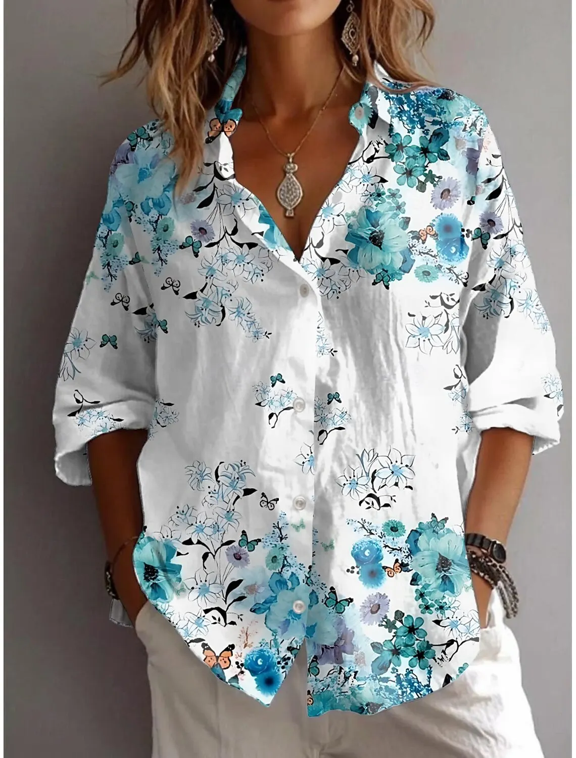 Summer Women's Shirt Flower Active Stylish Blouse Lapel Neck Blouse Women's Long Sleeve Shirts Womens Clothing Female Clothes