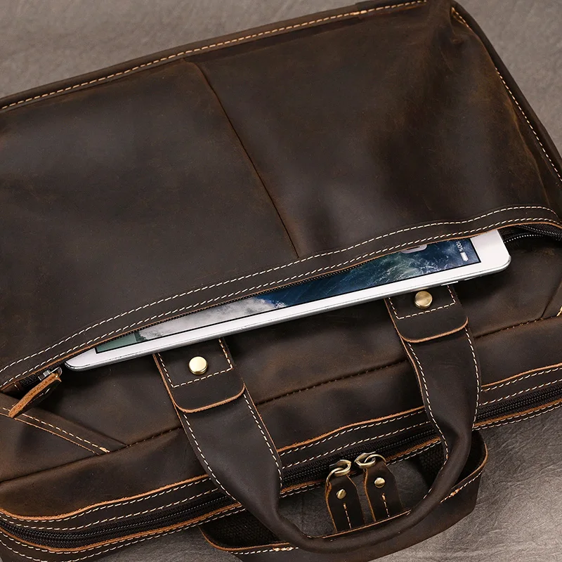 Newsbirds Mens Leather Handbag 15.6 Inch PC Notebook Laptop Briefcase Shoulder Bag 100% Cowhide Man Bag Male Business Bag