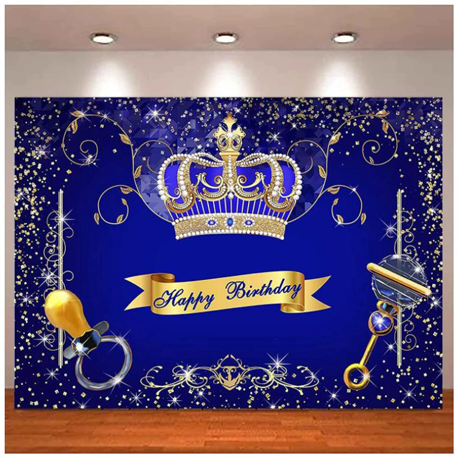 Royal Blue Photography Backdrop For Boy's Prince Gold King Crown Birthday Party Banner Background Royal Baby Prince Bday Decor