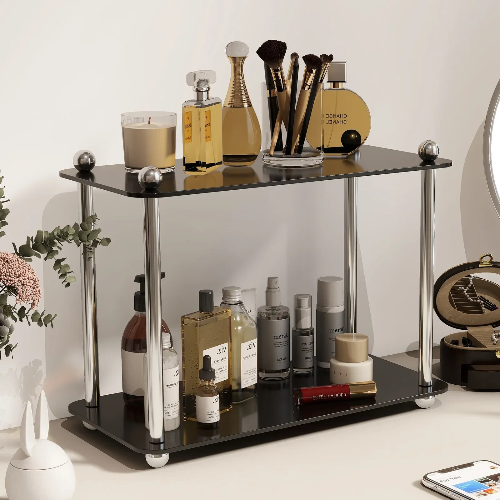 

Cosmetics Storage Rack Bathroom Organizer Desktop Dresser Skincare Lipstick Organizer Box Double Layer Acrylic Shelves