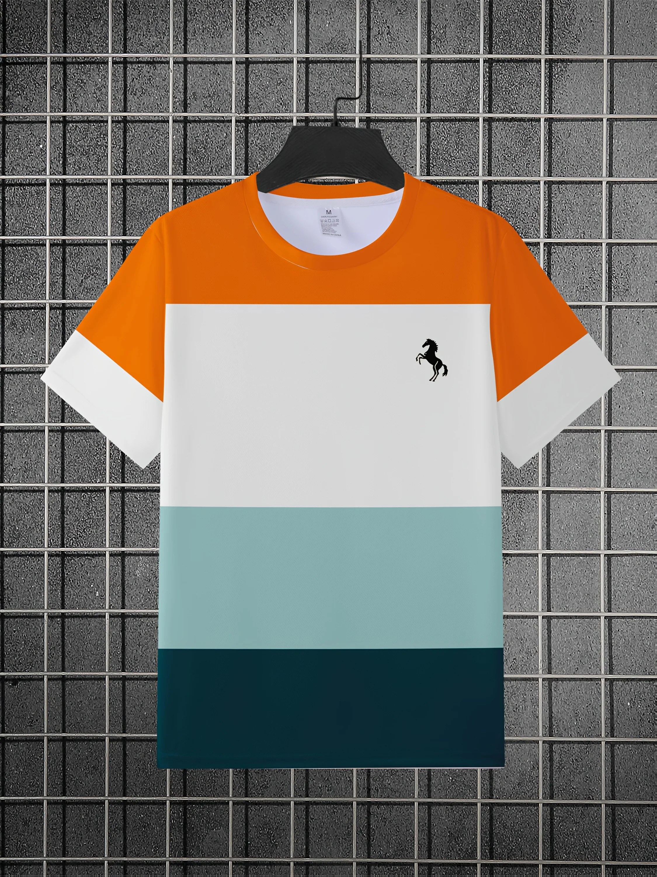 Men Trendy Graphic Tee Shirt, Four-Color Block Running Horse Print Short Sleeve Crew Neck Everyday T-Shirt