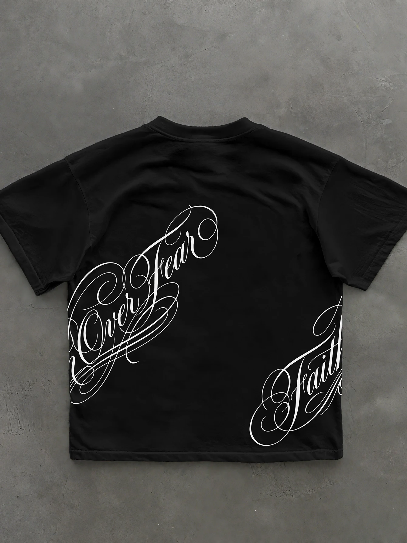 Men's Oversized Streetwear Faith Over Fear Cursive Letter Print Polyester Black Short Sleeve Crewneck T Shirt S-2XL All Size 1Pc