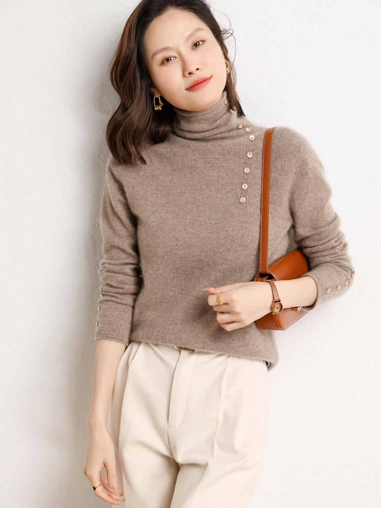 

New Luxury Autumn Winter Women Cashmere Sweater Pile Up Collar Sweater Pullover 100% Cashmere Knitwear Thick Warm Clothing