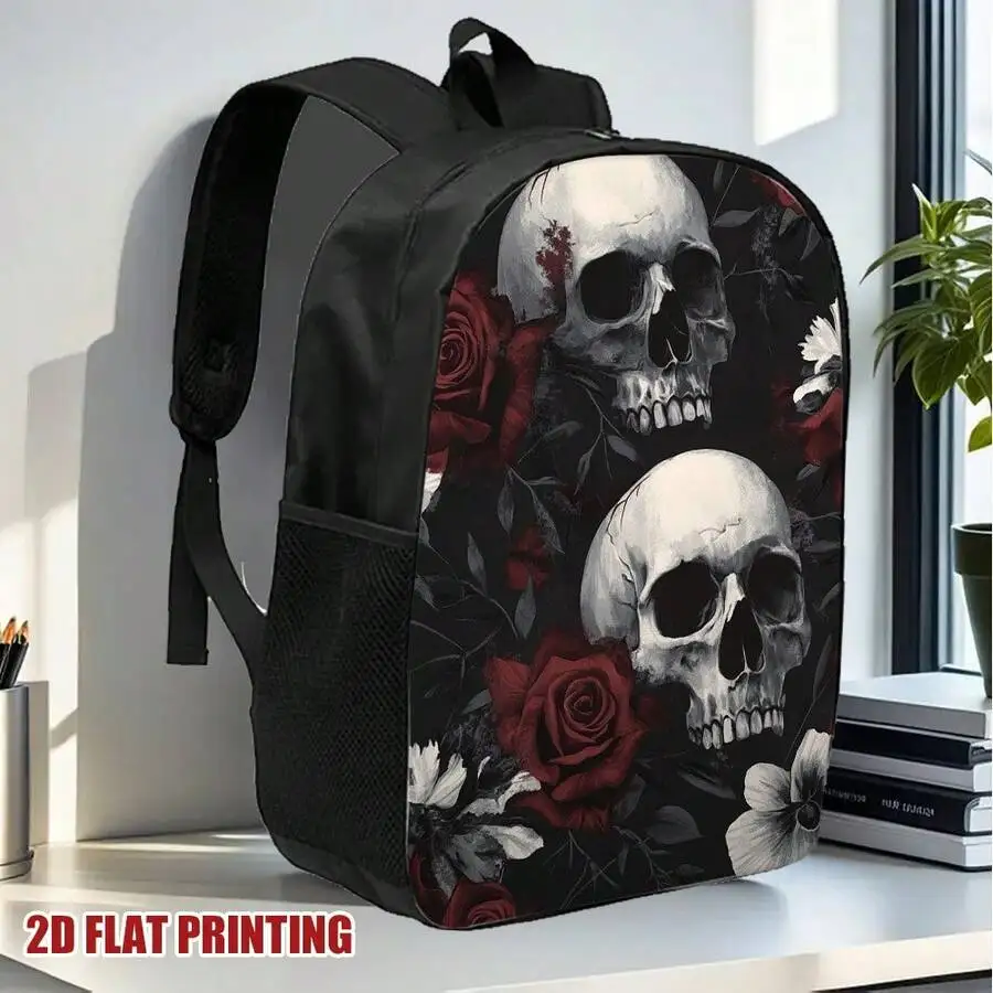 

Gothic Skull Floral Backpack Black Red White Lightweight Polyester Daily Travel Bag With Zipper Closure