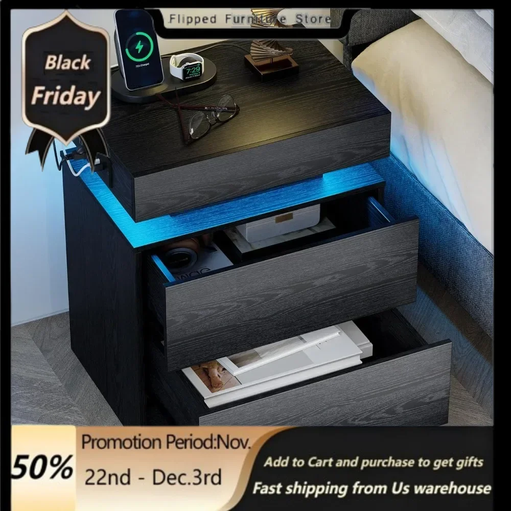 

Nightstands.Night Stand with Charging Station, Modern Black Nightstand with LED Light and Drawers, Bedside Tables/End Table