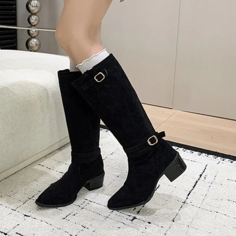 Autumn Vintage Thick Heel Women Knee High Boots Elegant Pointed Toe Buckle Strap Shoes Ladies Slip On Long Booties