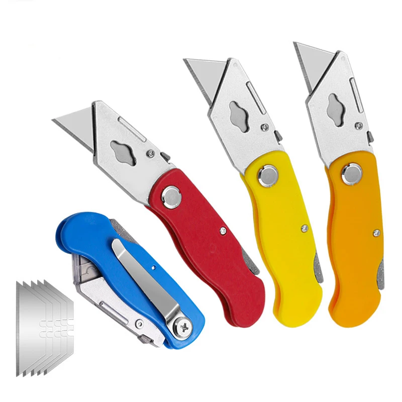 1Pcs Folding Utility Knife + 5Pc Blades Portable Stainless Steel Sharp Knife For Hiking And Working Cutting Cartons Fast Loading