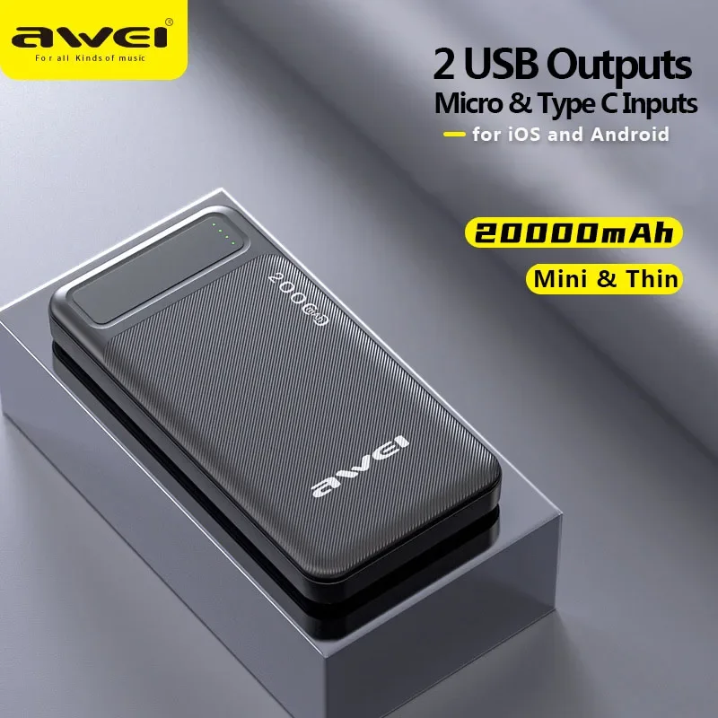 

Awei P6K Powerful Power Bank 20000mAh Double USB Output Powerbank For iOS&Android Mobile Phone Fast Charge External Battery Bank