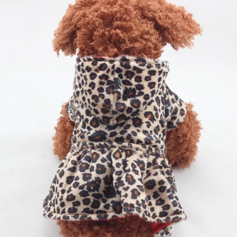 Autumn Winter Puppy Dog Cotton Dress Cute Pet Dogs Leopard Print Costume Tops Cotton Hoodie Clothes Warm Pet Dog Coats Outdoor