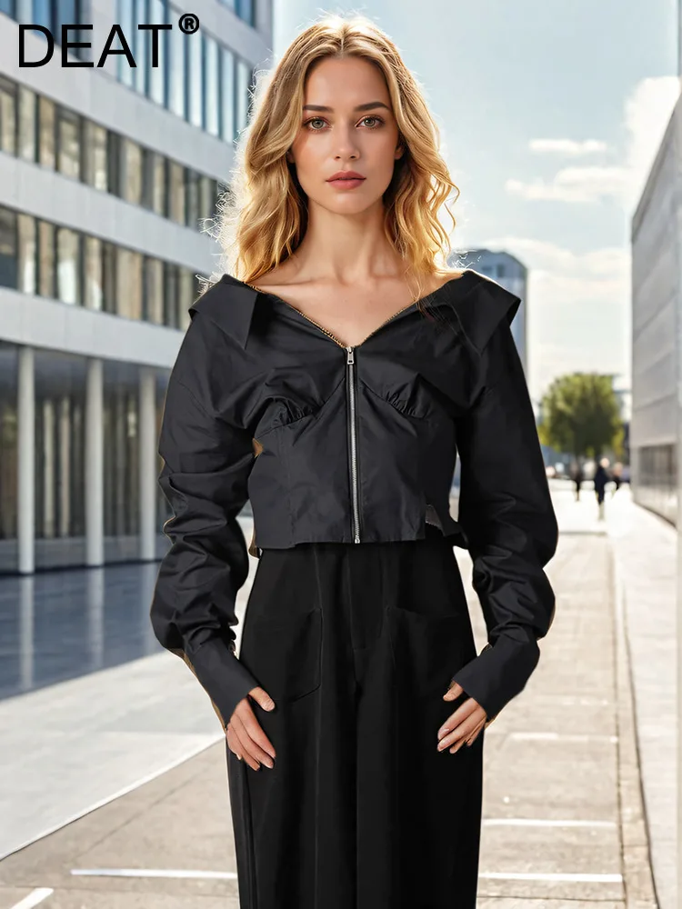 

DEAT Fashion Black Shirt Women's Lapel Front Zipper Long Sleeves Back Half Zipper Short Blouse Autumn Spring 2025 New CPDB360