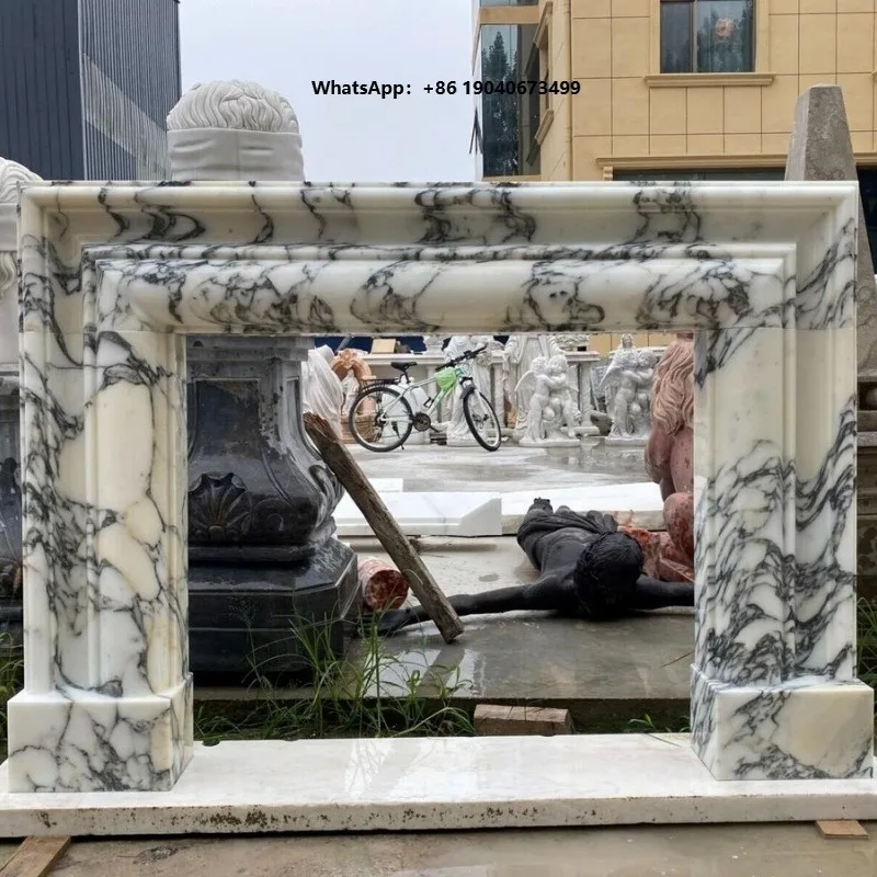 Marble Fireplace White Background With Black Veins Modern Design for Luxury Living Room   h003