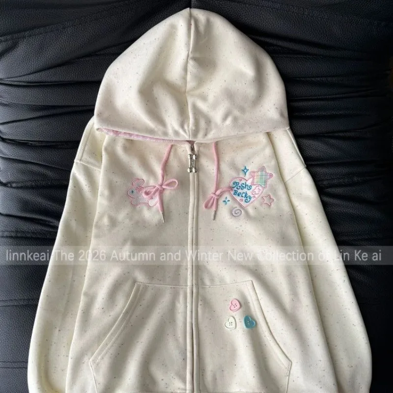Sweet Kawaii Sweet Women Zip‑Up Hooded Sweatshirt Jacket Speckled Dotted Outer Fabric Plaid Bunny Heart Star Letter Embroidery