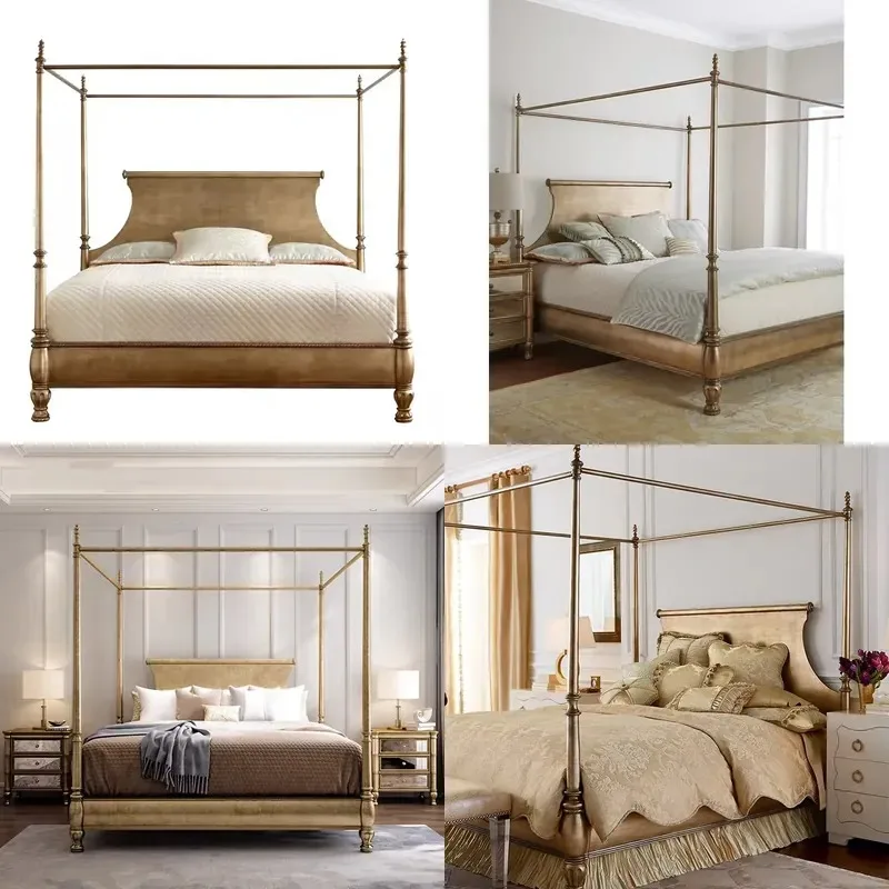 European Wall Bed Solid Wood Four Column Frame Upholstered Mattress Headboard Bedroom Furniture