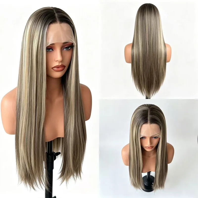 Long Straight Platinum Brown Highlight Lace Front Wig Synthetic Hair Hand Tied Net Cap Heat Resistant Wig for Women Daily Wear